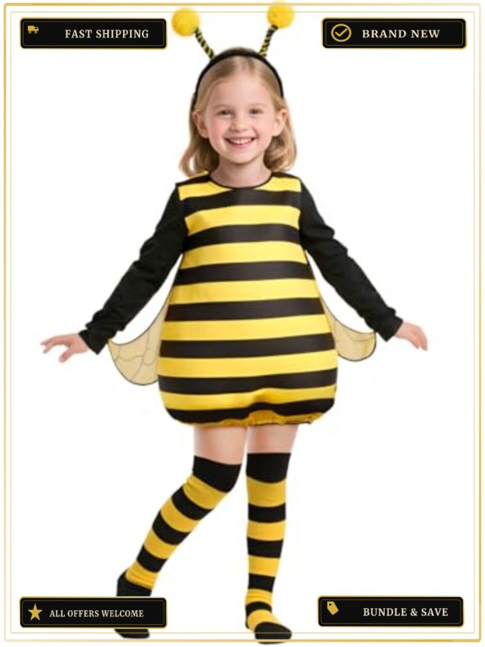 Girls Bee Costume Set Polyester Halloween Outfit with Wings